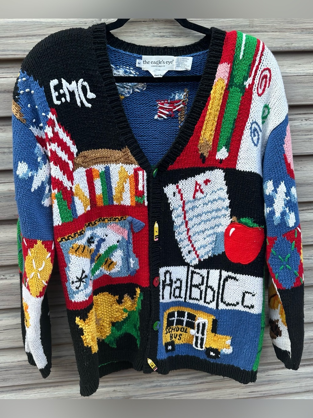 Vintage 90s The Eagle’s Eye Teacher School Cardigan Sweater M Hand Knit ABC Bus